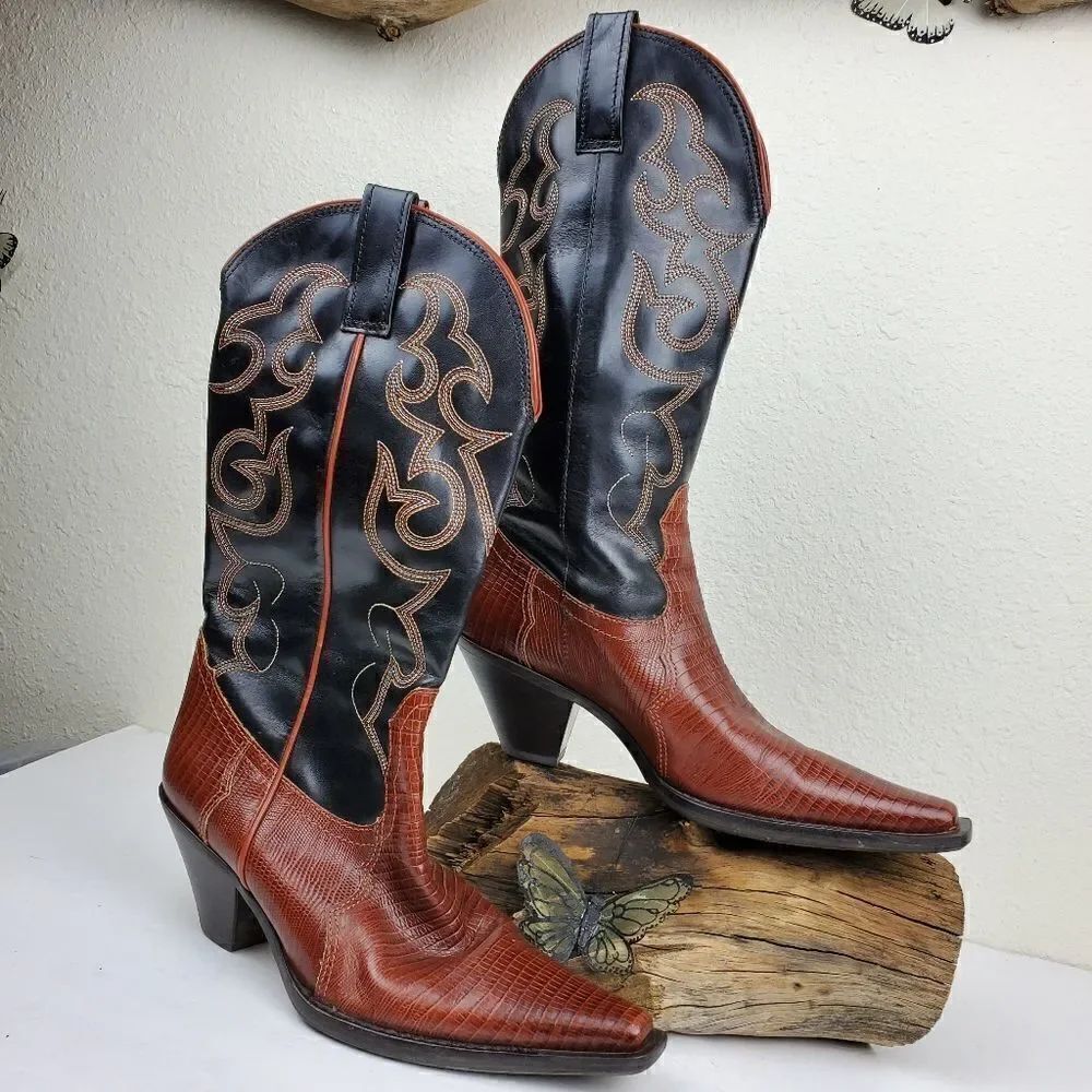 Manalya  brown black western boot with bold stitch